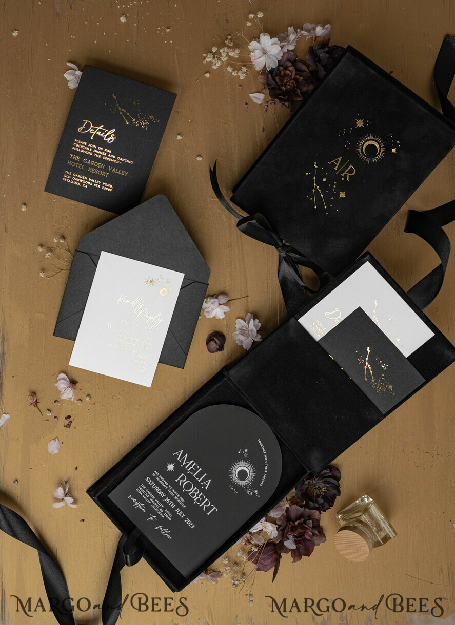 WEDDING INVITATIONS Invitations for VIP/ boxed Invites for Parents Arch Acrylic Wedding Invitations in velvet box, Black Plexi Glamour Wedding Invitation Suite Luxury Box, Moon Stars Elegant Velvet Wedding Cards