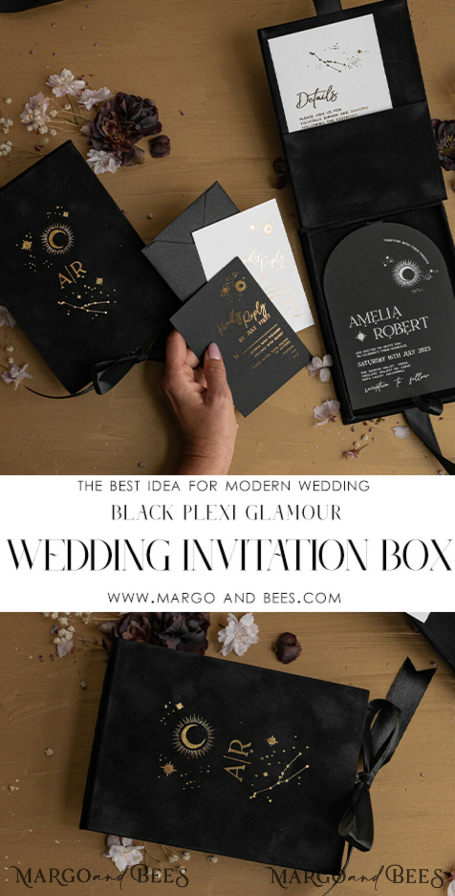 WEDDING INVITATIONS Invitations for VIP/ boxed Invites for Parents Arch Acrylic Wedding Invitations in velvet box, Black Plexi Glamour Wedding Invitation Suite Luxury Box, Moon Stars Elegant Velvet Wedding Cards