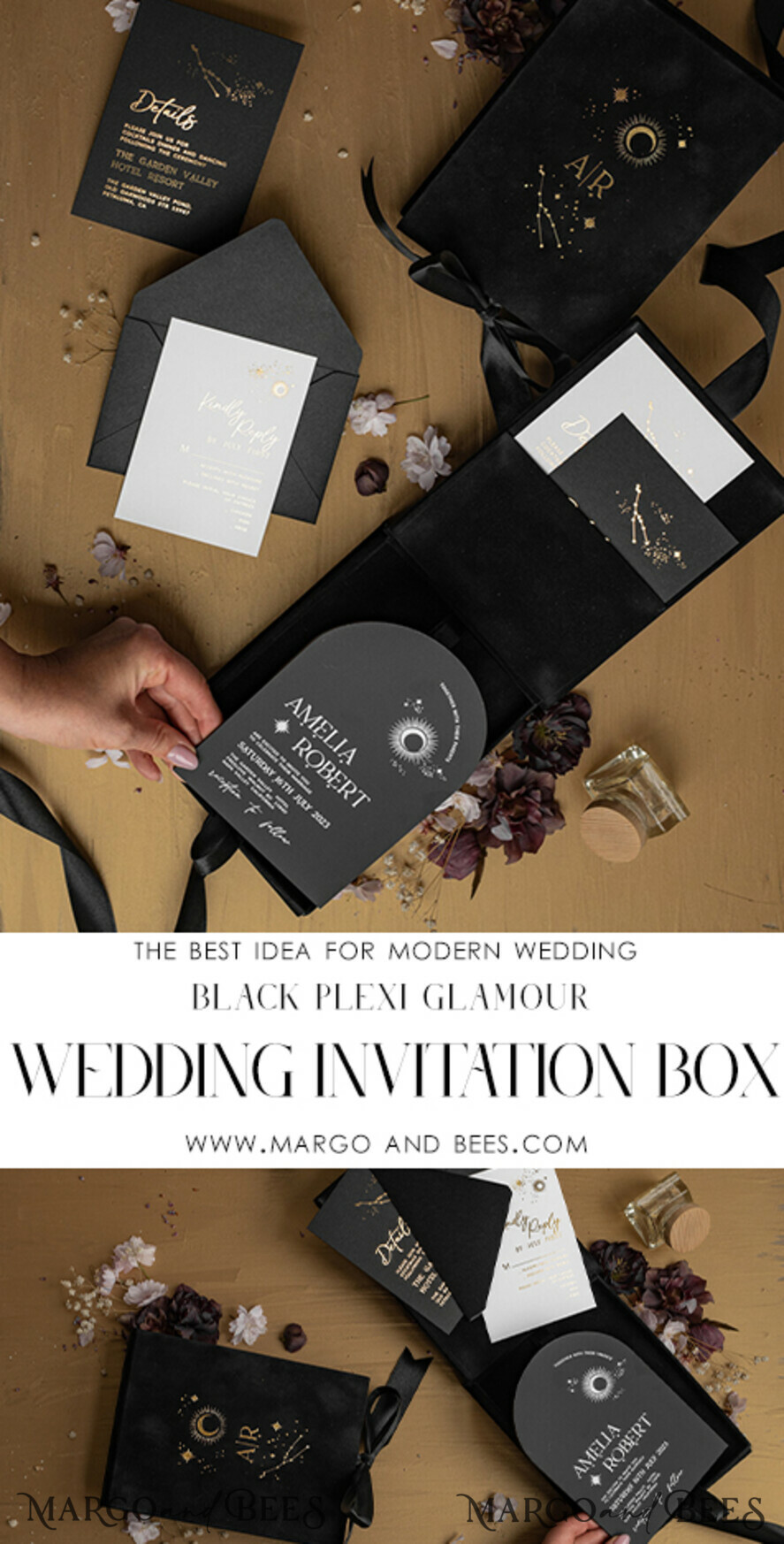 WEDDING INVITATIONS Invitations for VIP/ boxed Invites for Parents Arch Acrylic Wedding Invitations in velvet box, Black Plexi Glamour Wedding Invitation Suite Luxury Box, Moon Stars Elegant Velvet Wedding Cards