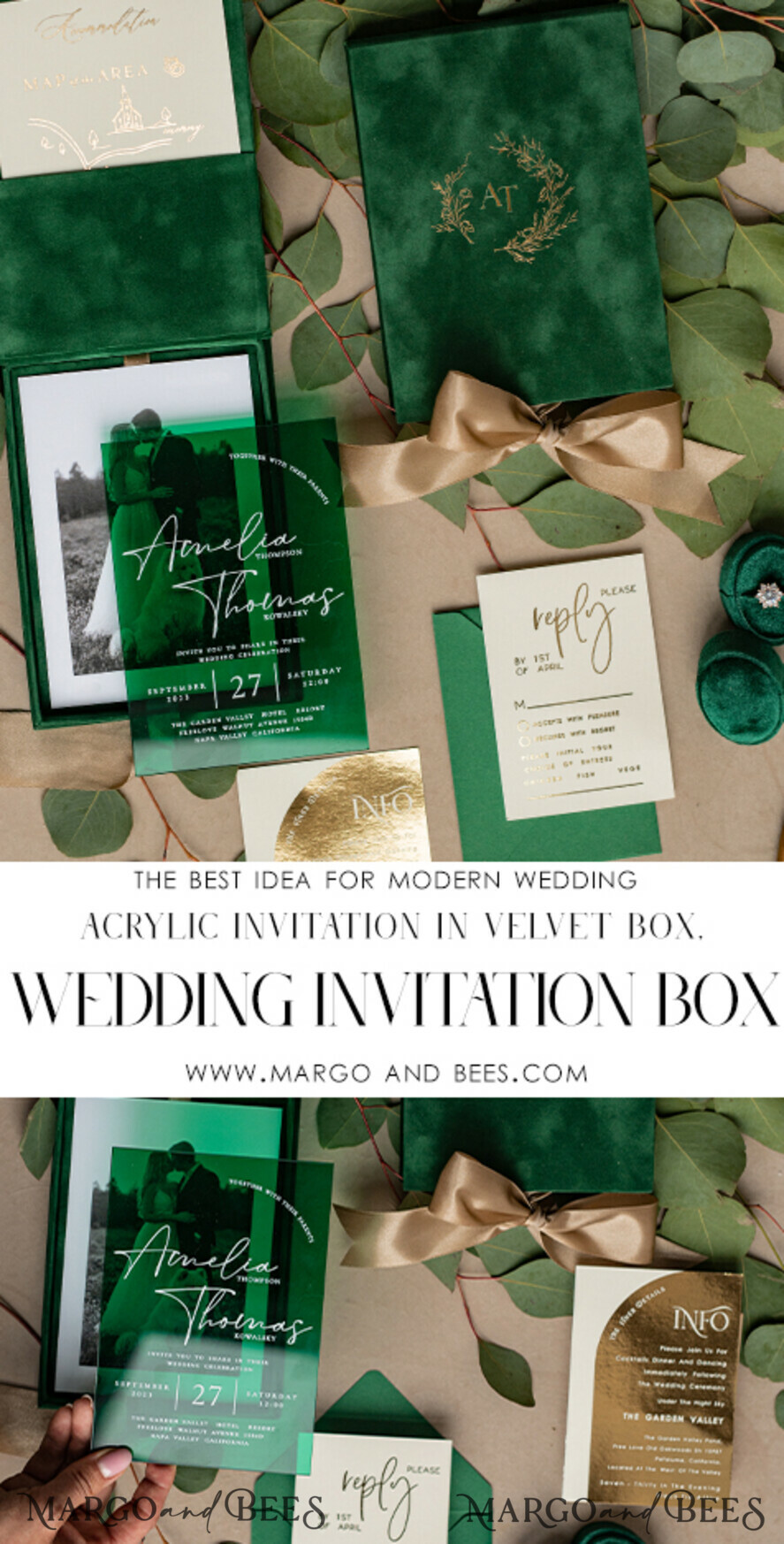 WEDDING INVITATIONS Invitations for VIP/ boxed Invites for Parents Emerald green Velvet Boxed Wedding Invitation Box, Clear Green Plexi glass wedding invitations, Elegant green Velvet Wedding Cards, Bespoke Golden Wedding Stationery, Mirror gold Invitations