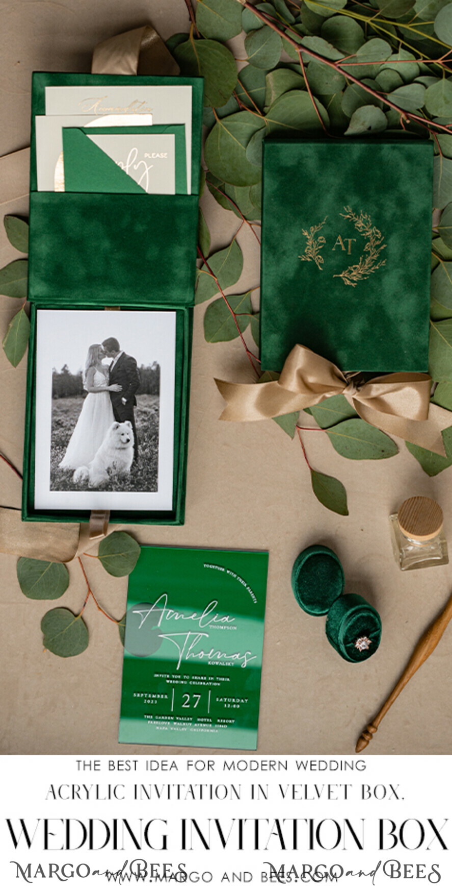 WEDDING INVITATIONS Invitations for VIP/ boxed Invites for Parents Emerald green Velvet Boxed Wedding Invitation Box, Clear Green Plexi glass wedding invitations, Elegant green Velvet Wedding Cards, Bespoke Golden Wedding Stationery, Mirror gold Invitations
