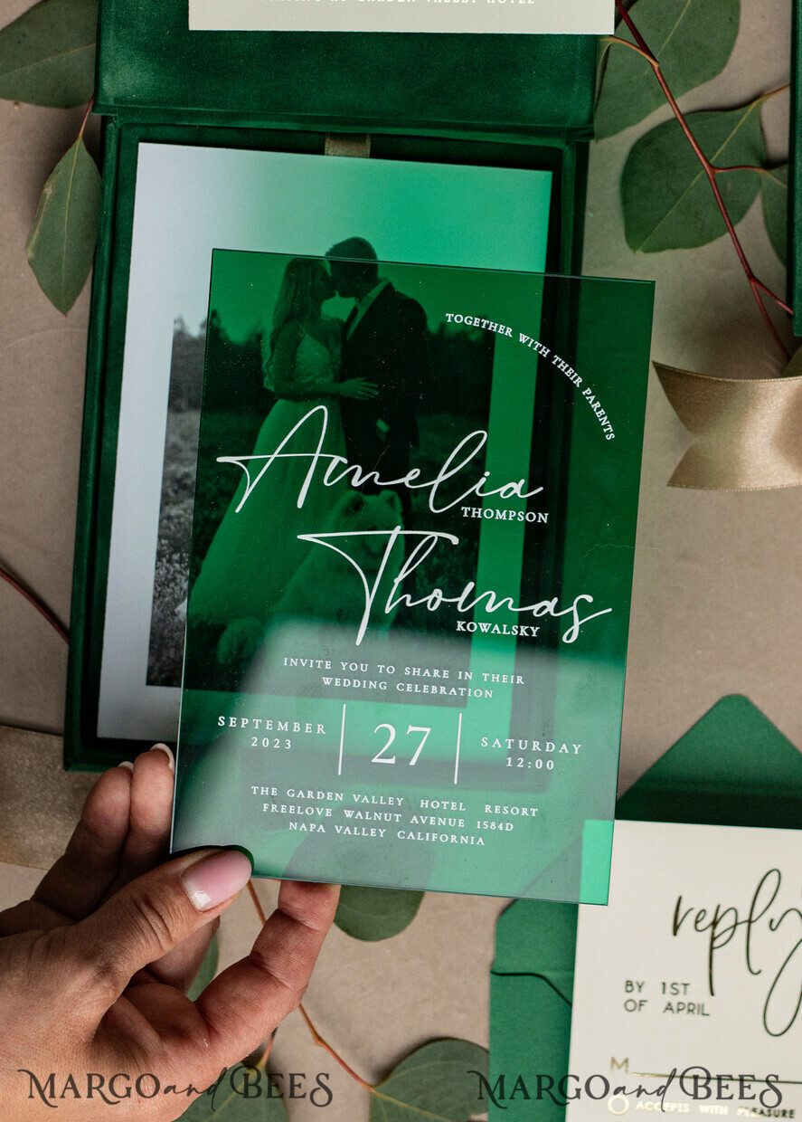 WEDDING INVITATIONS Invitations for VIP/ boxed Invites for Parents Emerald green Velvet Boxed Wedding Invitation Box, Clear Green Plexi glass wedding invitations, Elegant green Velvet Wedding Cards, Bespoke Golden Wedding Stationery, Mirror gold Invitations