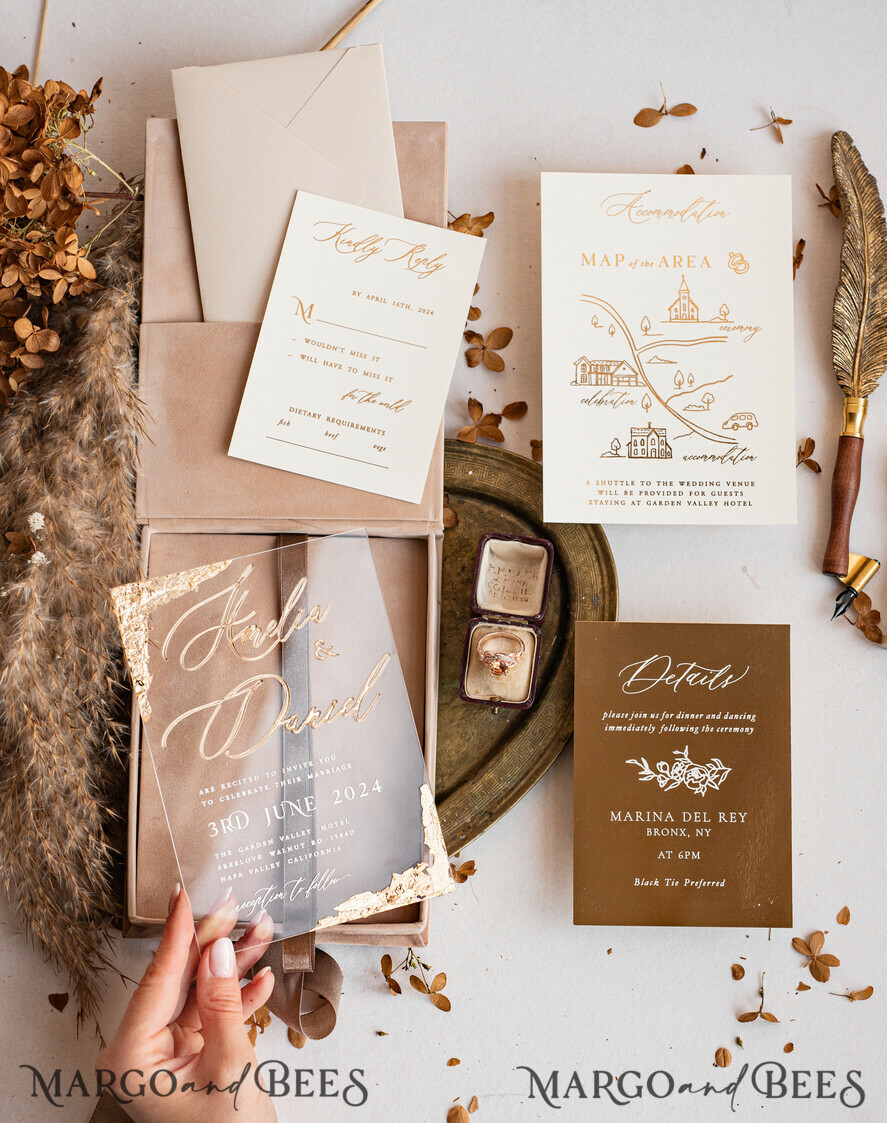 WEDDING INVITATIONS Invitations for VIP/ boxed Invites for Parents Luxury Gold Foil Wedding Invitation Box, Acrylic invitation in Velvet Box, Romantic Velvet Wedding Cards, Bespoke Golden Wedding Stationery, Luxury Invitations