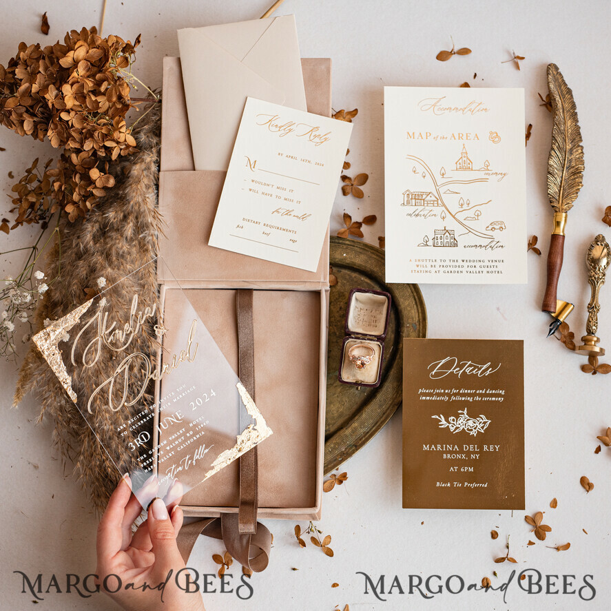 WEDDING INVITATIONS Invitations for VIP/ boxed Invites for Parents Luxury Gold Foil Wedding Invitation Box, Acrylic invitation in Velvet Box, Romantic Velvet Wedding Cards, Bespoke Golden Wedding Stationery, Luxury Invitations