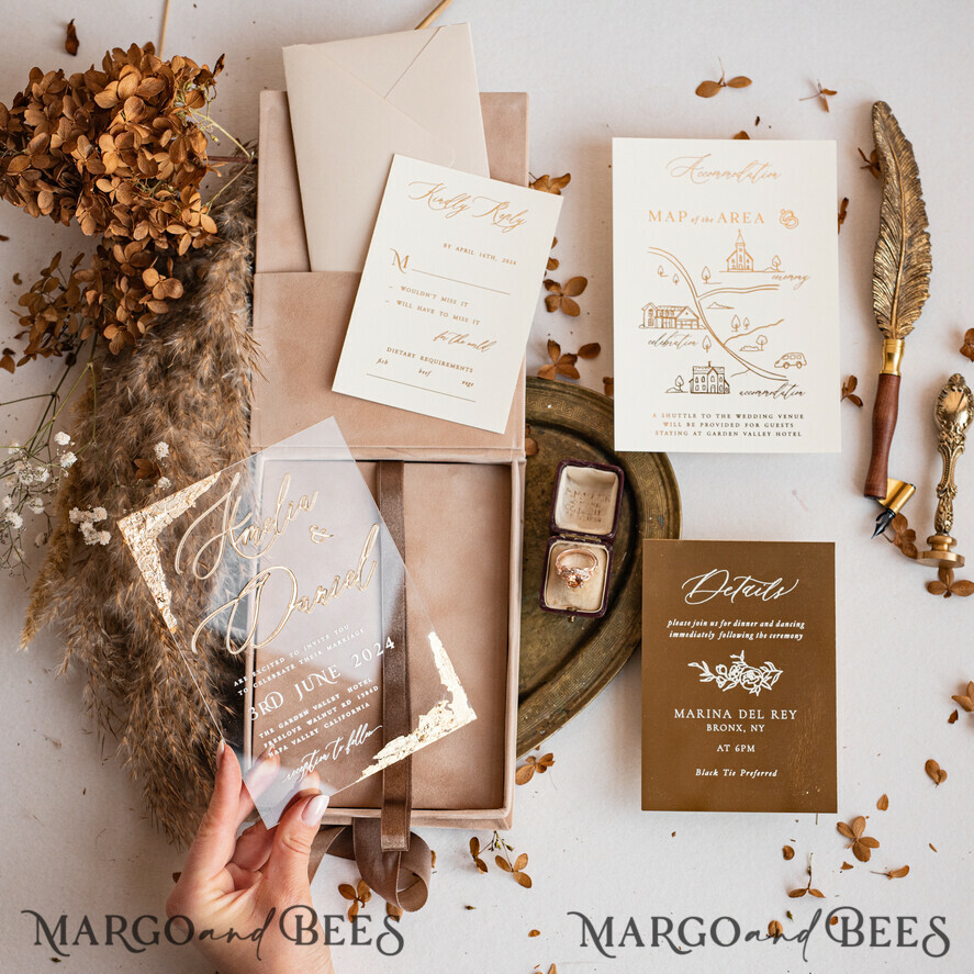 WEDDING INVITATIONS Invitations for VIP/ boxed Invites for Parents Luxury Gold Foil Wedding Invitation Box, Acrylic invitation in Velvet Box, Romantic Velvet Wedding Cards, Bespoke Golden Wedding Stationery, Luxury Invitations