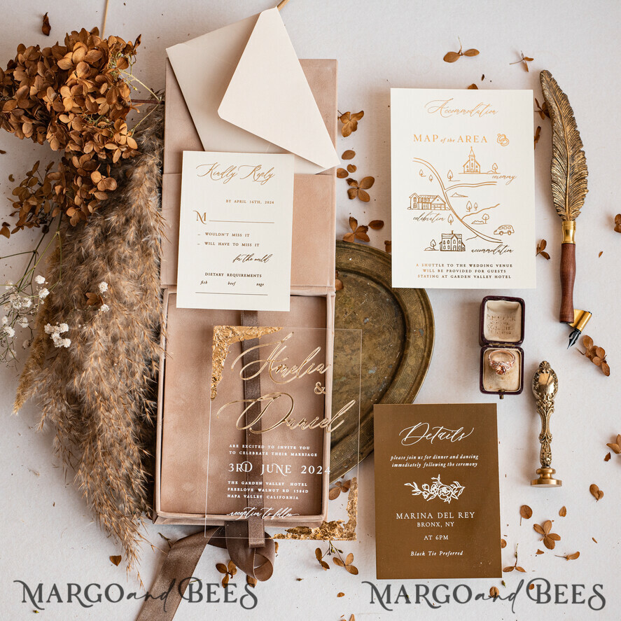 WEDDING INVITATIONS Invitations for VIP/ boxed Invites for Parents Luxury Gold Foil Wedding Invitation Box, Acrylic invitation in Velvet Box, Romantic Velvet Wedding Cards, Bespoke Golden Wedding Stationery, Luxury Invitations