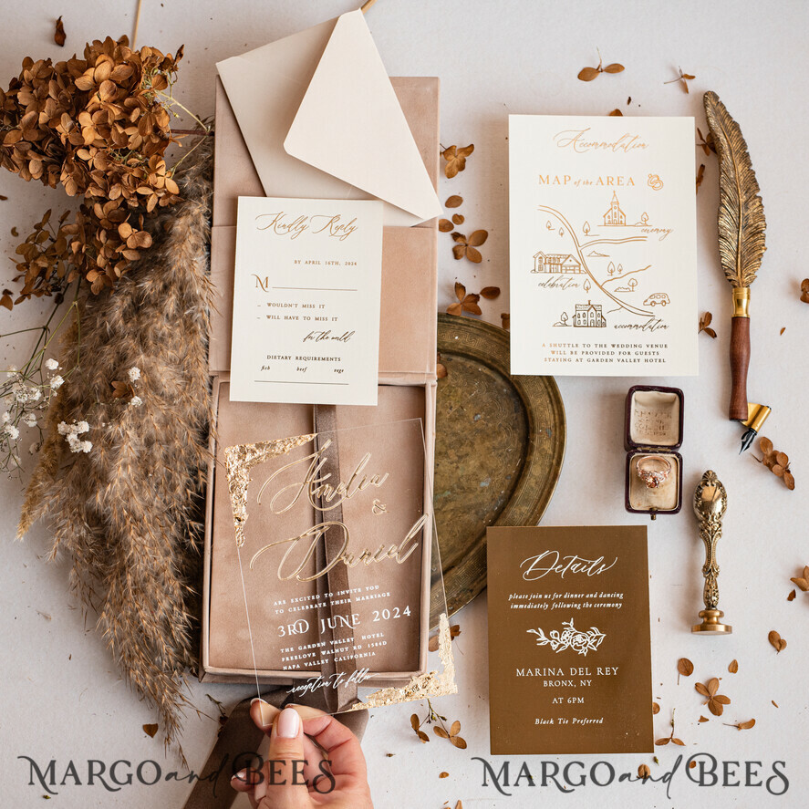 WEDDING INVITATIONS Invitations for VIP/ boxed Invites for Parents Luxury Gold Foil Wedding Invitation Box, Acrylic invitation in Velvet Box, Romantic Velvet Wedding Cards, Bespoke Golden Wedding Stationery, Luxury Invitations