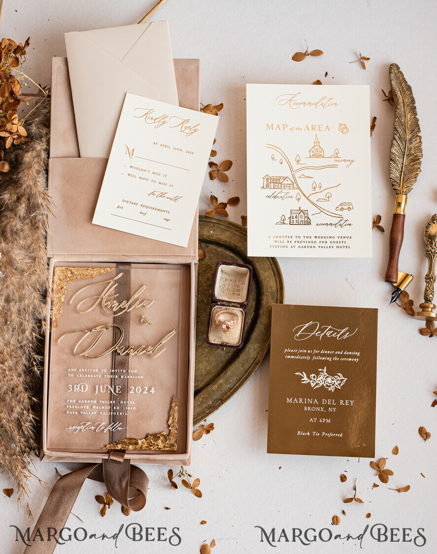 WEDDING INVITATIONS Invitations for VIP/ boxed Invites for Parents Luxury Gold Foil Wedding Invitation Box, Acrylic invitation in Velvet Box, Romantic Velvet Wedding Cards, Bespoke Golden Wedding Stationery, Luxury Invitations