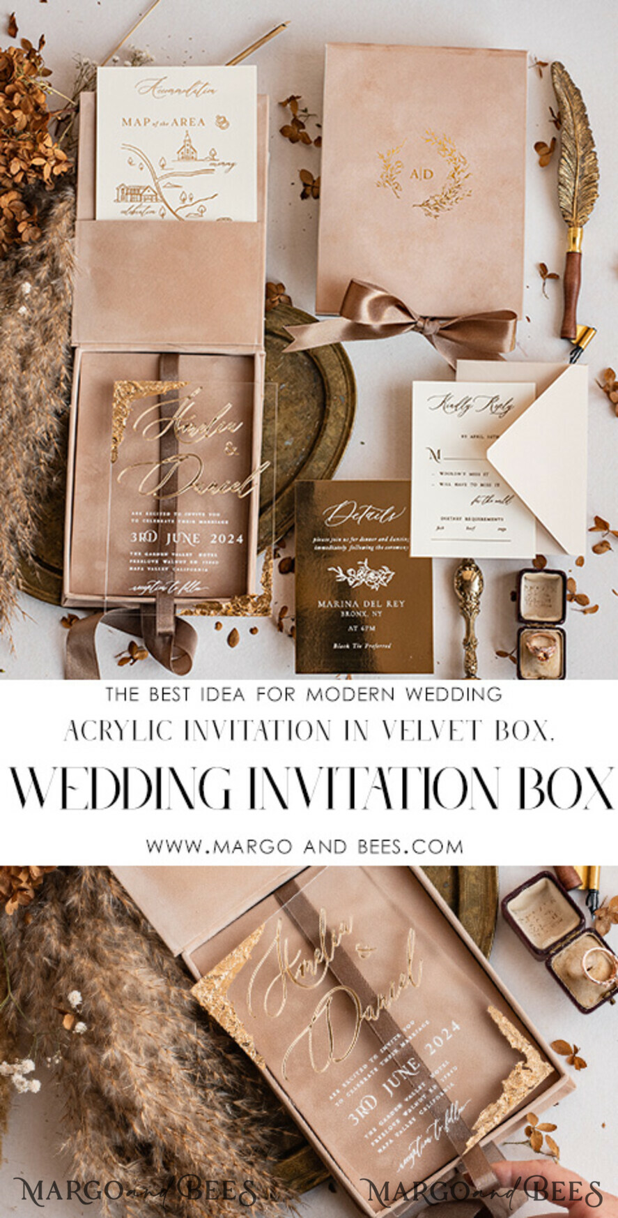 WEDDING INVITATIONS Invitations for VIP/ boxed Invites for Parents Luxury Gold Foil Wedding Invitation Box, Acrylic invitation in Velvet Box, Romantic Velvet Wedding Cards, Bespoke Golden Wedding Stationery, Luxury Invitations
