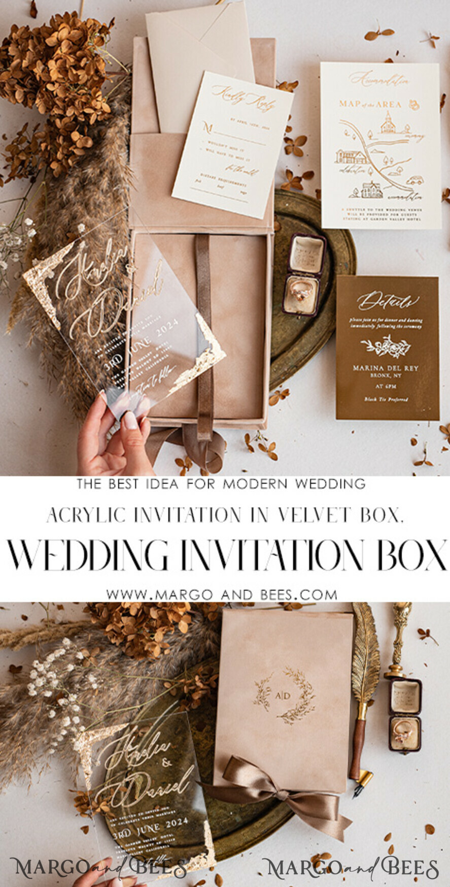 WEDDING INVITATIONS Invitations for VIP/ boxed Invites for Parents Luxury Gold Foil Wedding Invitation Box, Acrylic invitation in Velvet Box, Romantic Velvet Wedding Cards, Bespoke Golden Wedding Stationery, Luxury Invitations