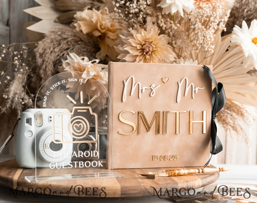 WEDDING GUEST BOOKS Velvet Instax Guestbook beige Gold Presonalised Wedding Guest Book and arch acrylic Instax Sign Black Pages, Velvet Memory Photo Booh Book and Clear Sign Set Fall Wedding, Polaroid velvet Guest book & Plexi Instax Sign set