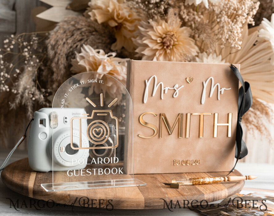 WEDDING GUEST BOOKS Velvet Instax Guestbook beige Gold Presonalised Wedding Guest Book and arch acrylic Instax Sign Black Pages, Velvet Memory Photo Booh Book and Clear Sign Set Fall Wedding, Polaroid velvet Guest book & Plexi Instax Sign set