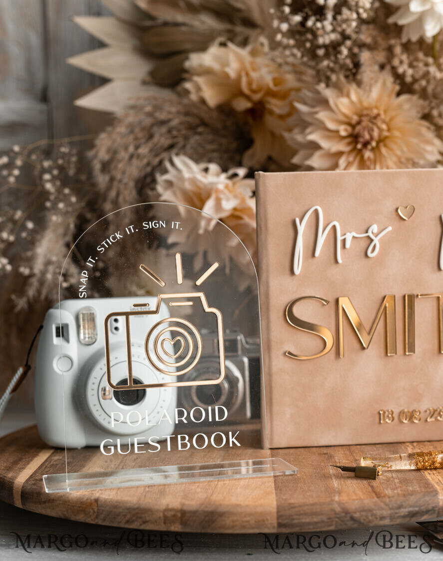 WEDDING GUEST BOOKS Velvet Instax Guestbook beige Gold Presonalised Wedding Guest Book and arch acrylic Instax Sign Black Pages, Velvet Memory Photo Booh Book and Clear Sign Set Fall Wedding, Polaroid velvet Guest book & Plexi Instax Sign set