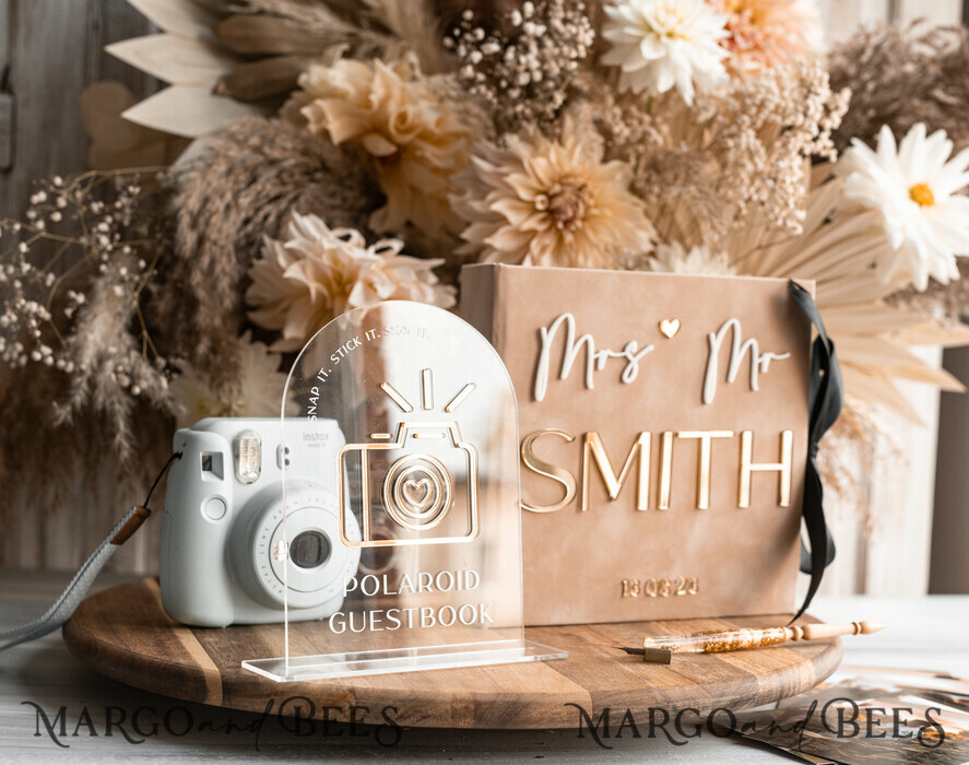 WEDDING GUEST BOOKS Velvet Instax Guestbook beige Gold Presonalised Wedding Guest Book and arch acrylic Instax Sign Black Pages, Velvet Memory Photo Booh Book and Clear Sign Set Fall Wedding, Polaroid velvet Guest book & Plexi Instax Sign set