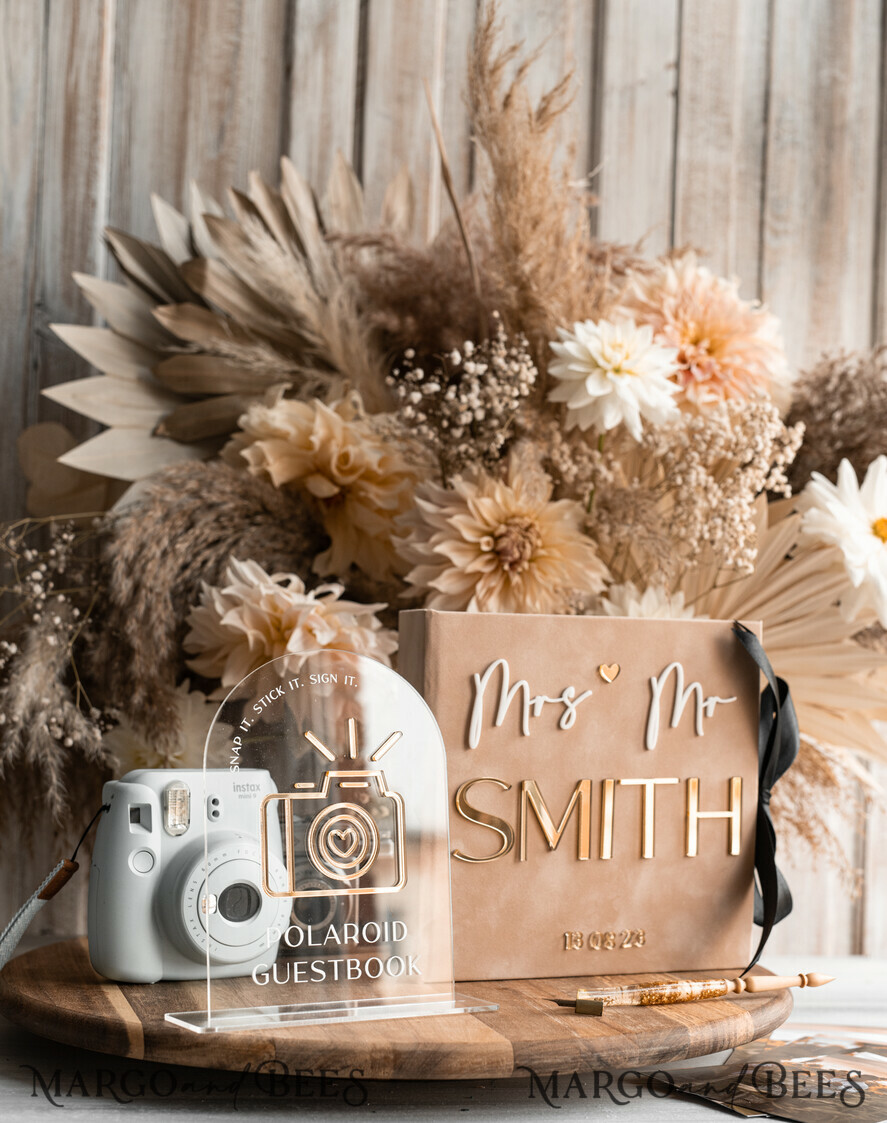 WEDDING GUEST BOOKS Velvet Instax Guestbook beige Gold Presonalised Wedding Guest Book and arch acrylic Instax Sign Black Pages, Velvet Memory Photo Booh Book and Clear Sign Set Fall Wedding, Polaroid velvet Guest book & Plexi Instax Sign set