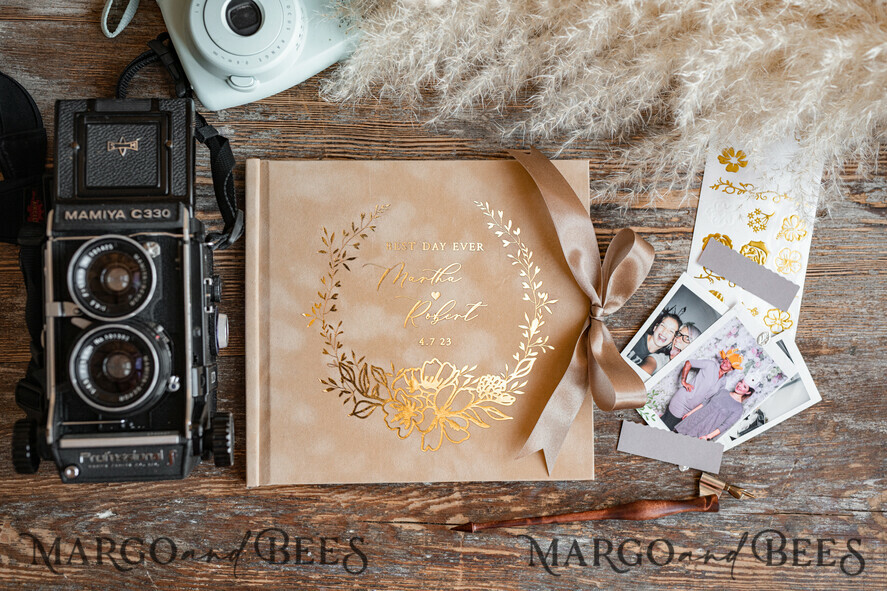 WEDDING GUEST BOOKS Velvet Instax Guestbook Nude Boho Instax velvet Wedding GuestBook Gold, Beige Instant Wedding Guest Book, Polaroid velvet Guestbook Taupe Golden wedding
