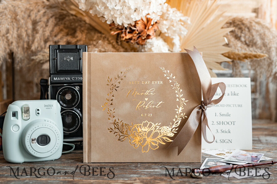 WEDDING GUEST BOOKS Velvet Instax Guestbook Nude Boho Instax velvet Wedding GuestBook Gold, Beige Instant Wedding Guest Book, Polaroid velvet Guestbook Taupe Golden wedding