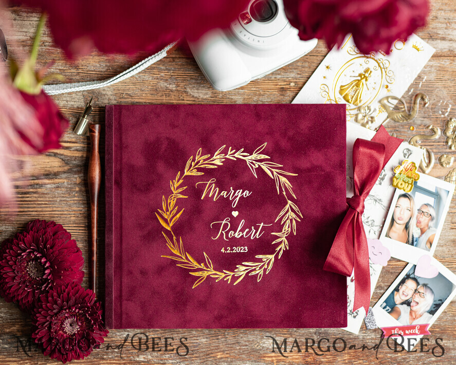 WEDDING GUEST BOOKS Velvet Instax Guestbook Boho Burgundy Instax velvet Wedding GuestBook Gold, Large Instant Wedding Guest Book, Maroon Polaroid velvet Guestbook Marsala Golden wedding