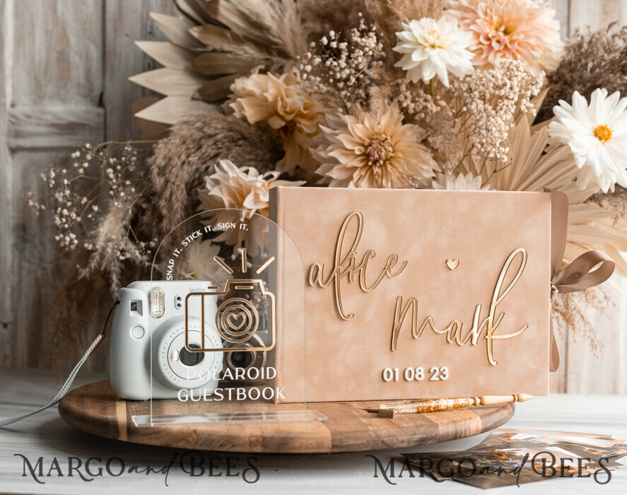 WEDDING GUEST BOOKS Velvet Instax Guestbook beige Gold Presonalised Wedding Guest Book and arch acrylic Instax Sign, Velvet Memory Photo Booh Book and Clear Sign Set Fall Wedding, Polaroid velvet Guest book & Plexi Instax Sign set