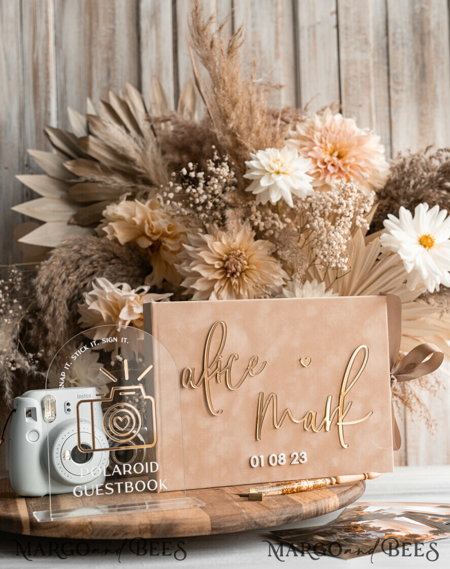 WEDDING GUEST BOOKS Velvet Instax Guestbook beige Gold Presonalised Wedding Guest Book and arch acrylic Instax Sign, Velvet Memory Photo Booh Book and Clear Sign Set Fall Wedding, Polaroid velvet Guest book & Plexi Instax Sign set