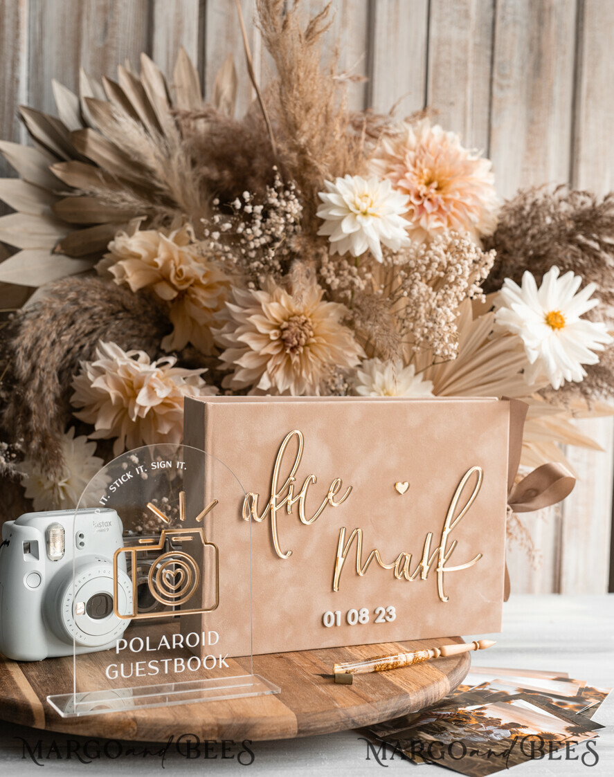 WEDDING GUEST BOOKS Velvet Instax Guestbook beige Gold Presonalised Wedding Guest Book and arch acrylic Instax Sign, Velvet Memory Photo Booh Book and Clear Sign Set Fall Wedding, Polaroid velvet Guest book & Plexi Instax Sign set