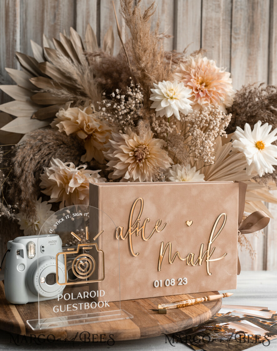 WEDDING GUEST BOOKS Velvet Instax Guestbook beige Gold Presonalised Wedding Guest Book and arch acrylic Instax Sign, Velvet Memory Photo Booh Book and Clear Sign Set Fall Wedding, Polaroid velvet Guest book & Plexi Instax Sign set