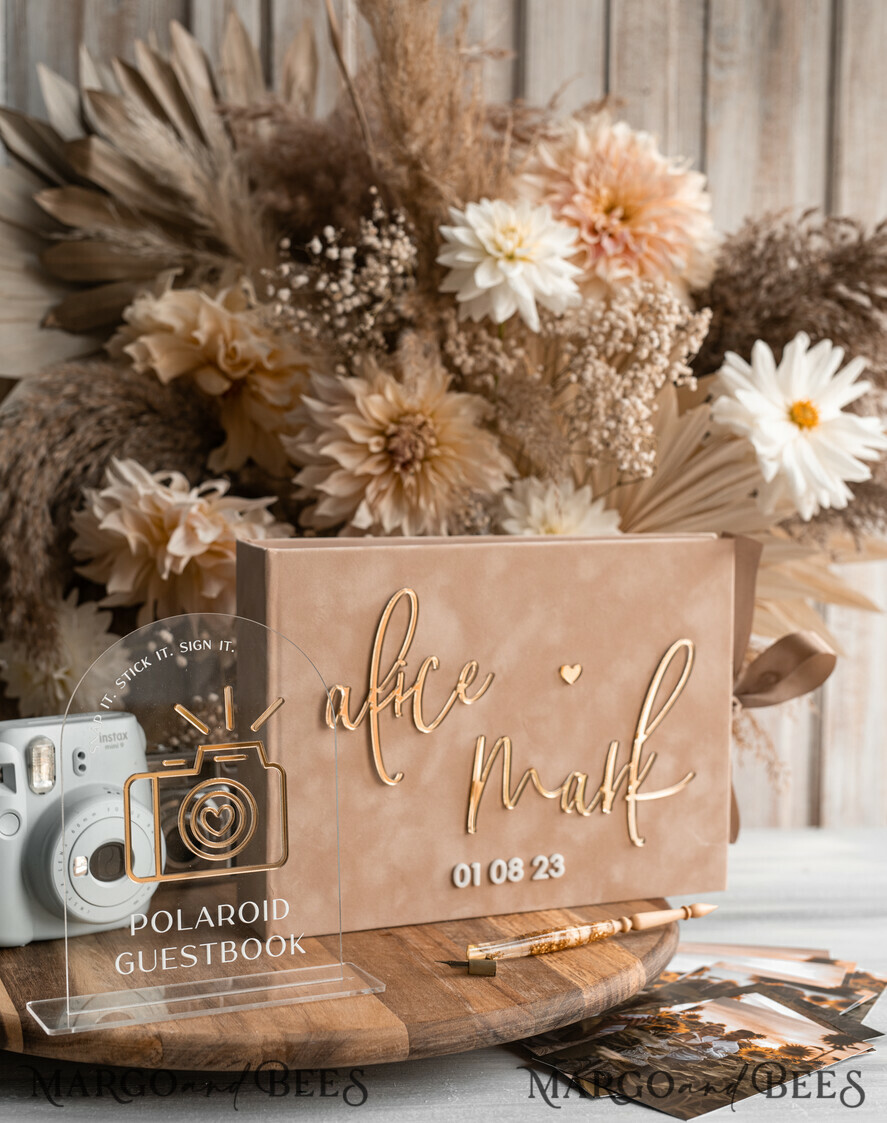 WEDDING GUEST BOOKS Velvet Instax Guestbook beige Gold Presonalised Wedding Guest Book and arch acrylic Instax Sign, Velvet Memory Photo Booh Book and Clear Sign Set Fall Wedding, Polaroid velvet Guest book & Plexi Instax Sign set