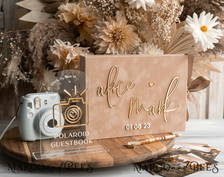WEDDING GUEST BOOKS Velvet Instax Guestbook beige Gold Presonalised Wedding Guest Book and arch acrylic Instax Sign, Velvet Memory Photo Booh Book and Clear Sign Set Fall Wedding, Polaroid velvet Guest book & Plexi Instax Sign set