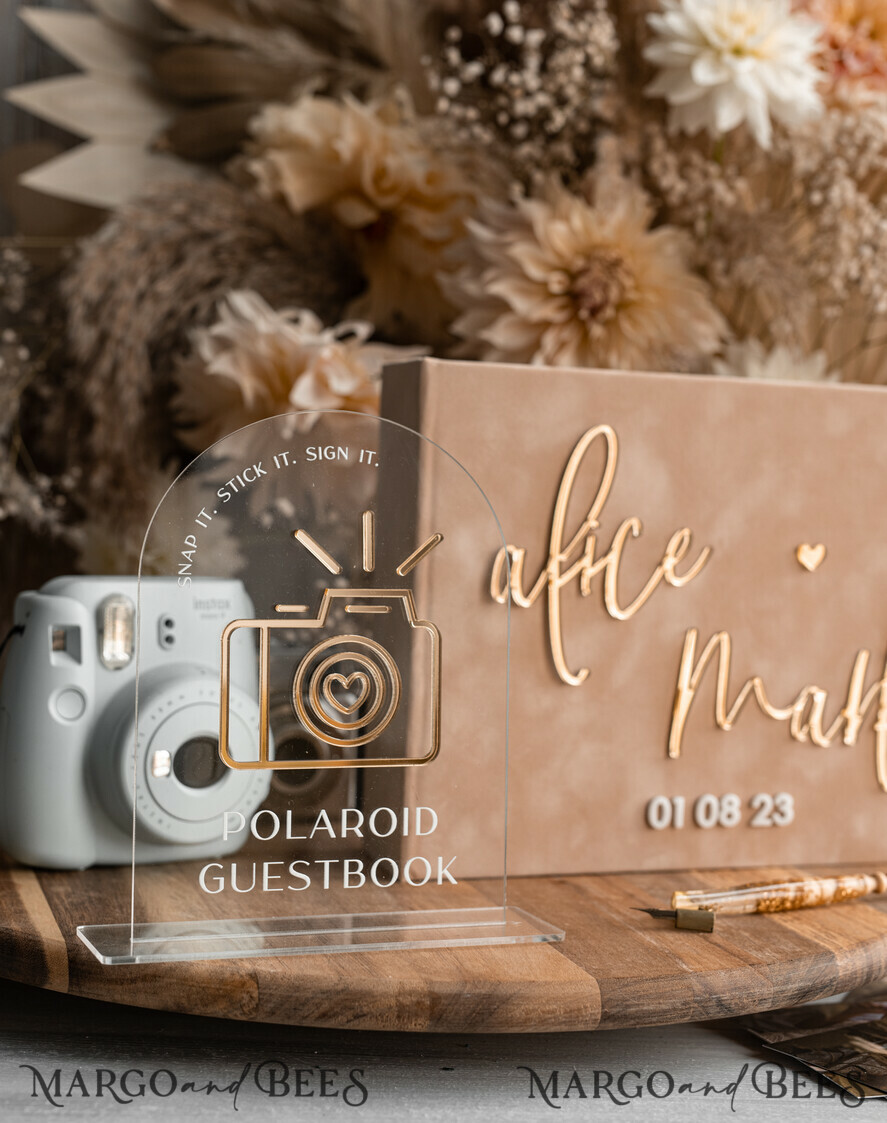 WEDDING GUEST BOOKS Velvet Instax Guestbook beige Gold Presonalised Wedding Guest Book and arch acrylic Instax Sign, Velvet Memory Photo Booh Book and Clear Sign Set Fall Wedding, Polaroid velvet Guest book & Plexi Instax Sign set