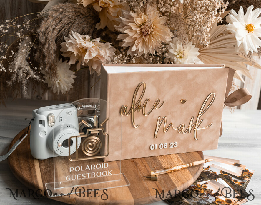 WEDDING GUEST BOOKS Velvet Instax Guestbook beige Gold Presonalised Wedding Guest Book and arch acrylic Instax Sign, Velvet Memory Photo Booh Book and Clear Sign Set Fall Wedding, Polaroid velvet Guest book & Plexi Instax Sign set
