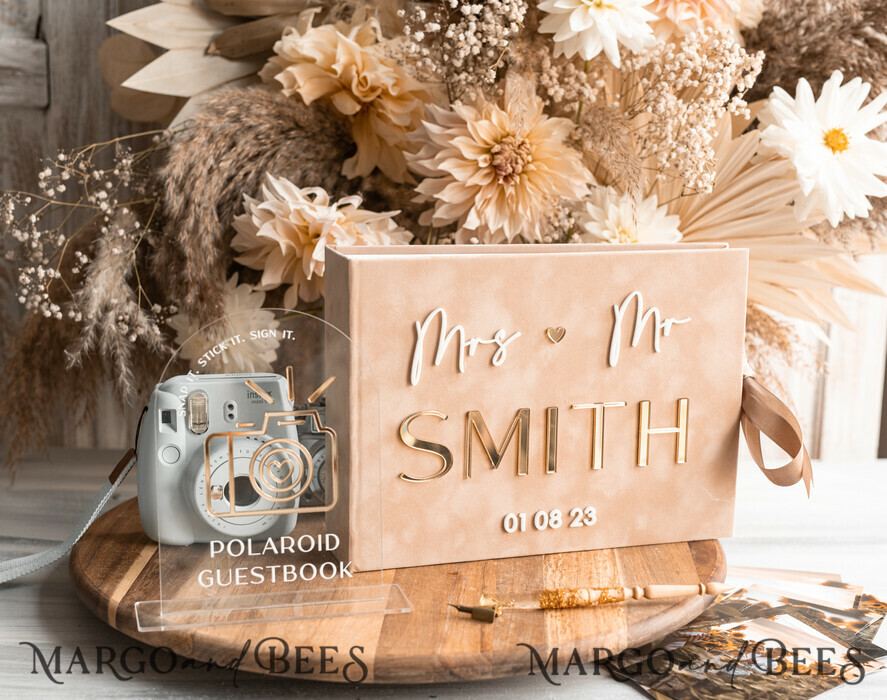WEDDING GUEST BOOKS Velvet Instax Guestbook beige Gold Presonalised Wedding Guest Book and arch acrylic Instax Sign, Velvet Memory Photo Booh Book and Clear Sign Set Fall Wedding, Polaroid velvet Guest book & Plexi Instax Sign set