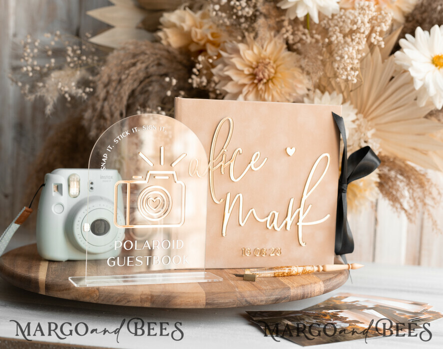 WEDDING GUEST BOOKS Velvet Instax Guestbook beige Gold Presonalised Wedding Guest Book and arch acrylic Instax Sign Black Pages, Velvet Memory Photo Booh Book and Clear Sign Set Fall Wedding, Polaroid velvet Guest book & Plexi Instax Sign set