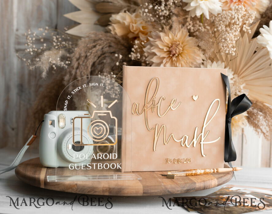 WEDDING GUEST BOOKS Velvet Instax Guestbook beige Gold Presonalised Wedding Guest Book and arch acrylic Instax Sign Black Pages, Velvet Memory Photo Booh Book and Clear Sign Set Fall Wedding, Polaroid velvet Guest book & Plexi Instax Sign set