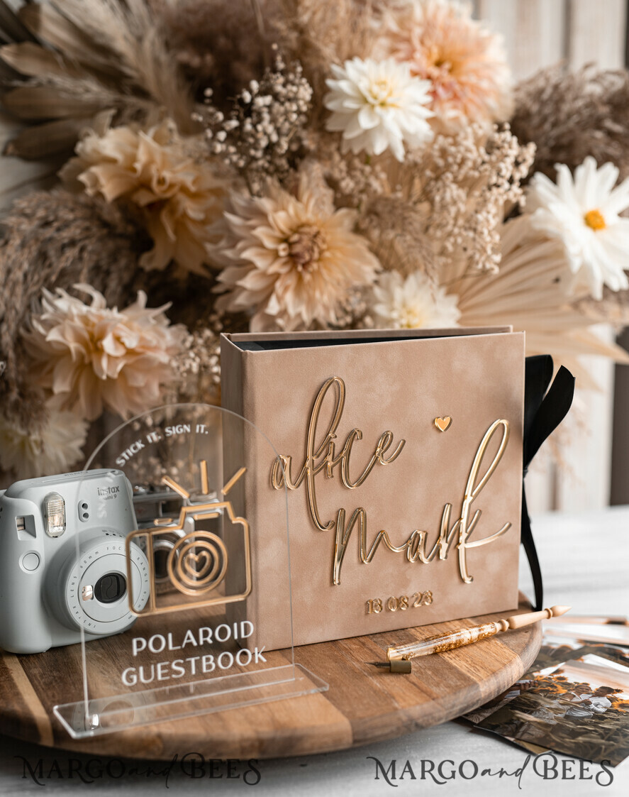 WEDDING GUEST BOOKS Velvet Instax Guestbook beige Gold Presonalised Wedding Guest Book and arch acrylic Instax Sign Black Pages, Velvet Memory Photo Booh Book and Clear Sign Set Fall Wedding, Polaroid velvet Guest book & Plexi Instax Sign set