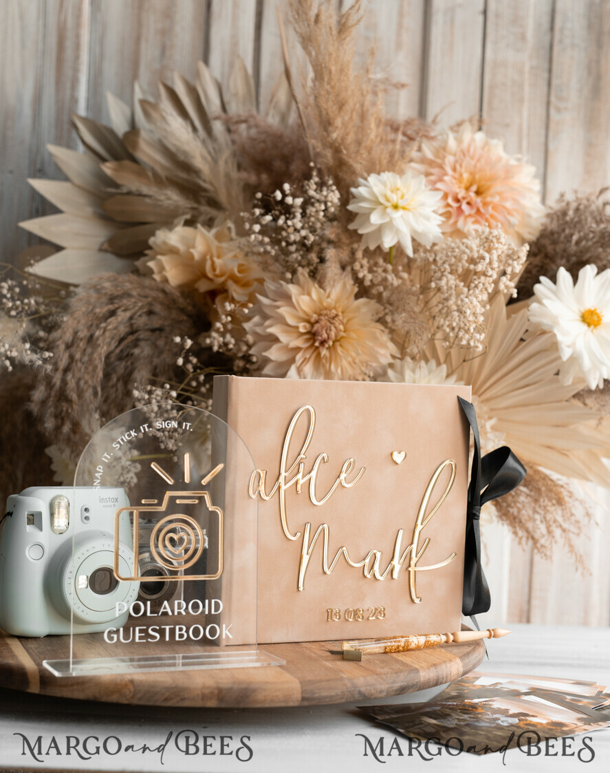 WEDDING GUEST BOOKS Velvet Instax Guestbook beige Gold Presonalised Wedding Guest Book and arch acrylic Instax Sign Black Pages, Velvet Memory Photo Booh Book and Clear Sign Set Fall Wedding, Polaroid velvet Guest book & Plexi Instax Sign set