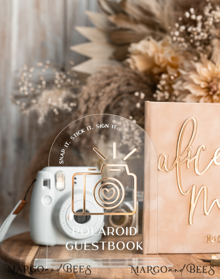 WEDDING GUEST BOOKS Velvet Instax Guestbook beige Gold Presonalised Wedding Guest Book and arch acrylic Instax Sign Black Pages, Velvet Memory Photo Booh Book and Clear Sign Set Fall Wedding, Polaroid velvet Guest book & Plexi Instax Sign set