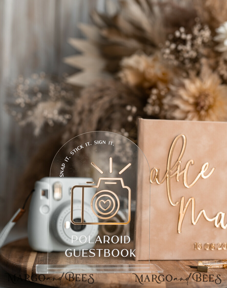 WEDDING GUEST BOOKS Velvet Instax Guestbook beige Gold Presonalised Wedding Guest Book and arch acrylic Instax Sign Black Pages, Velvet Memory Photo Booh Book and Clear Sign Set Fall Wedding, Polaroid velvet Guest book & Plexi Instax Sign set