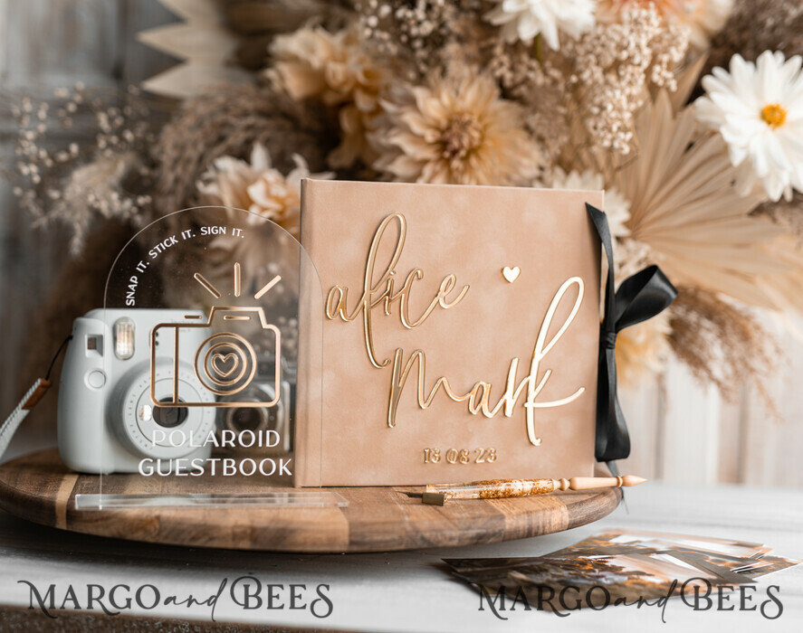 WEDDING GUEST BOOKS Velvet Instax Guestbook beige Gold Presonalised Wedding Guest Book and arch acrylic Instax Sign Black Pages, Velvet Memory Photo Booh Book and Clear Sign Set Fall Wedding, Polaroid velvet Guest book & Plexi Instax Sign set