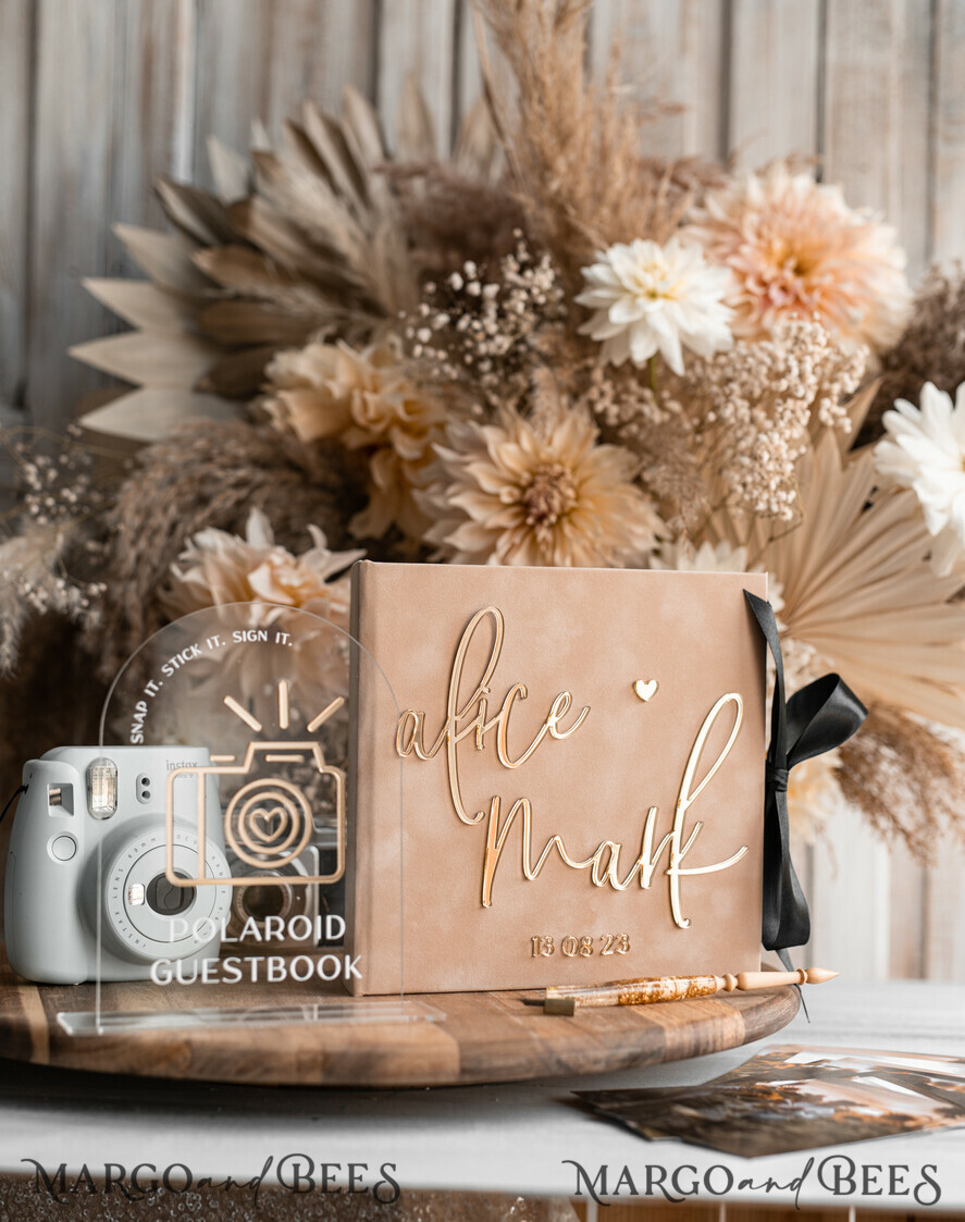 WEDDING GUEST BOOKS Velvet Instax Guestbook beige Gold Presonalised Wedding Guest Book and arch acrylic Instax Sign Black Pages, Velvet Memory Photo Booh Book and Clear Sign Set Fall Wedding, Polaroid velvet Guest book & Plexi Instax Sign set