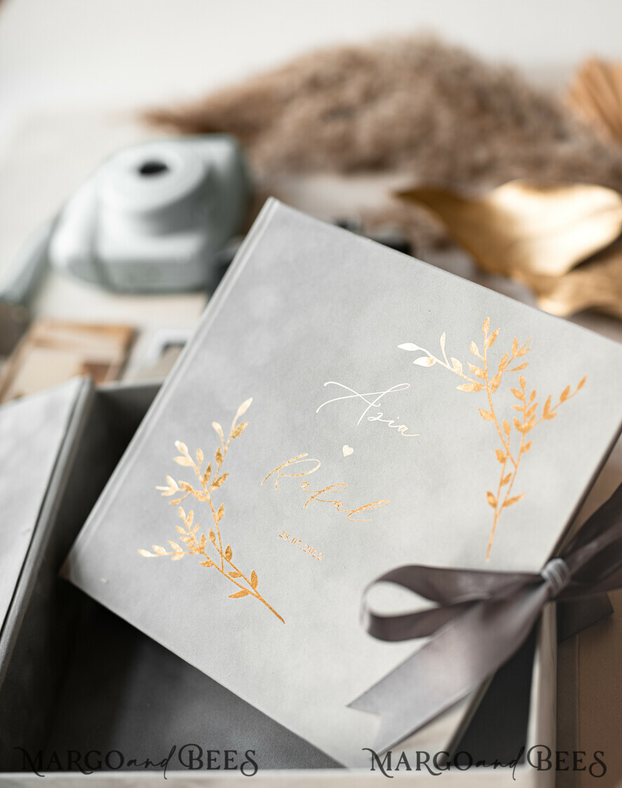 WEDDING GUEST BOOKS Velvet Instax Guestbook Grey Gold Presonalised Wedding Guest Book, Velvet Memory Photo Wedding , Luxury Wedding Guest Book, Polaroid velvet Guest book