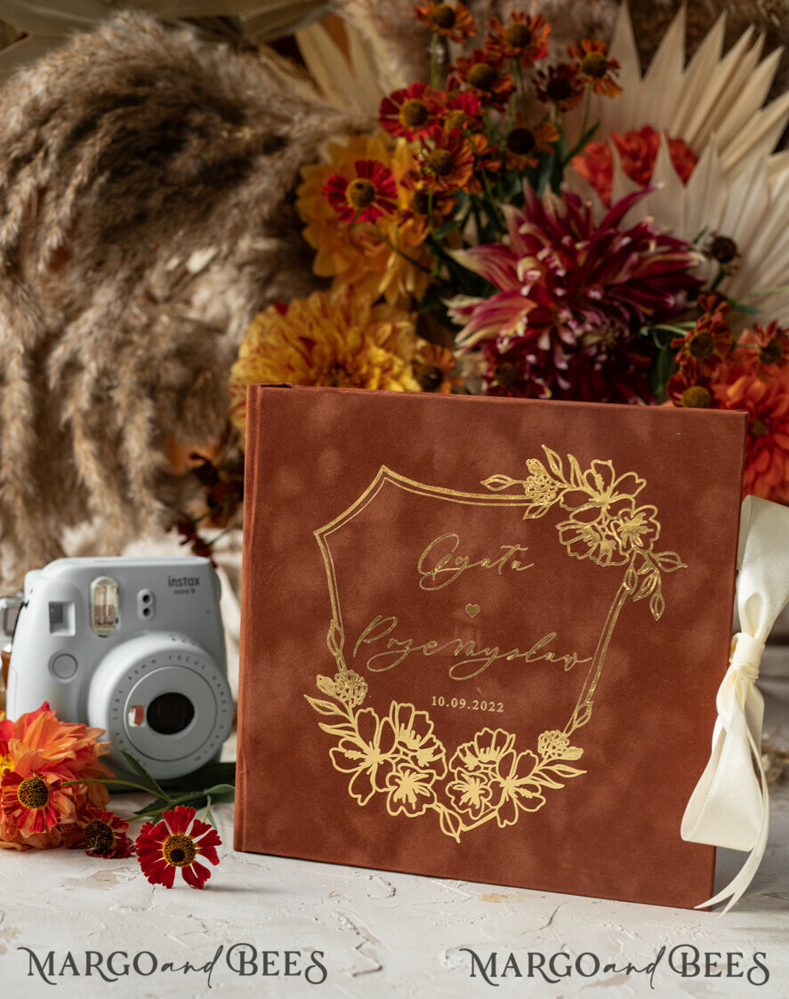WEDDING GUEST BOOKS Velvet Instax Guestbook terracotta Gold Presonalised Wedding Guest Book and arch acrylic Instax Sign, Velvet Memory Photo Booh Book and Clear Sign Set Fall Wedding, Polaroid velvet Guest book & Plexi Instax Sign set
