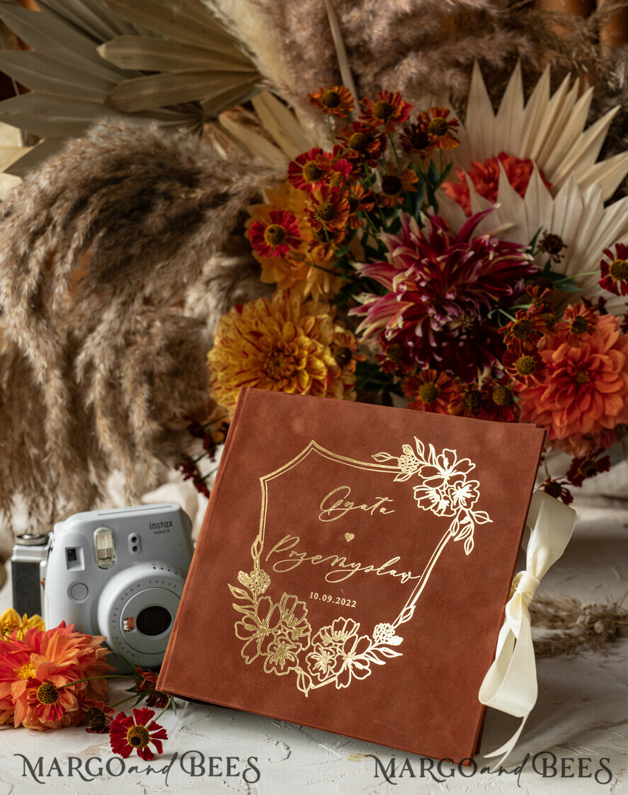 WEDDING GUEST BOOKS Velvet Instax Guestbook terracotta Gold Presonalised Wedding Guest Book and arch acrylic Instax Sign, Velvet Memory Photo Booh Book and Clear Sign Set Fall Wedding, Polaroid velvet Guest book & Plexi Instax Sign set