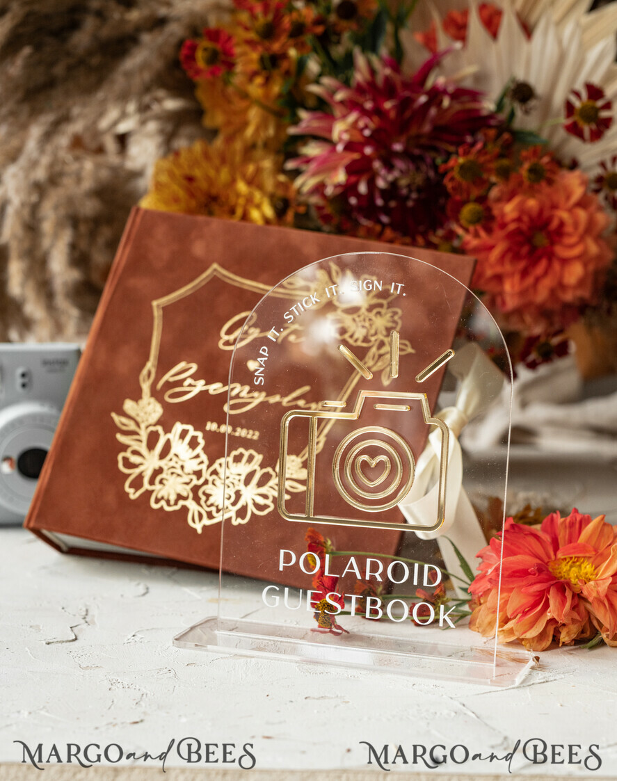 WEDDING GUEST BOOKS Velvet Instax Guestbook terracotta Gold Presonalised Wedding Guest Book and arch acrylic Instax Sign, Velvet Memory Photo Booh Book and Clear Sign Set Fall Wedding, Polaroid velvet Guest book & Plexi Instax Sign set
