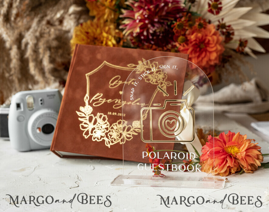 WEDDING GUEST BOOKS Velvet Instax Guestbook terracotta Gold Presonalised Wedding Guest Book and arch acrylic Instax Sign, Velvet Memory Photo Booh Book and Clear Sign Set Fall Wedding, Polaroid velvet Guest book & Plexi Instax Sign set