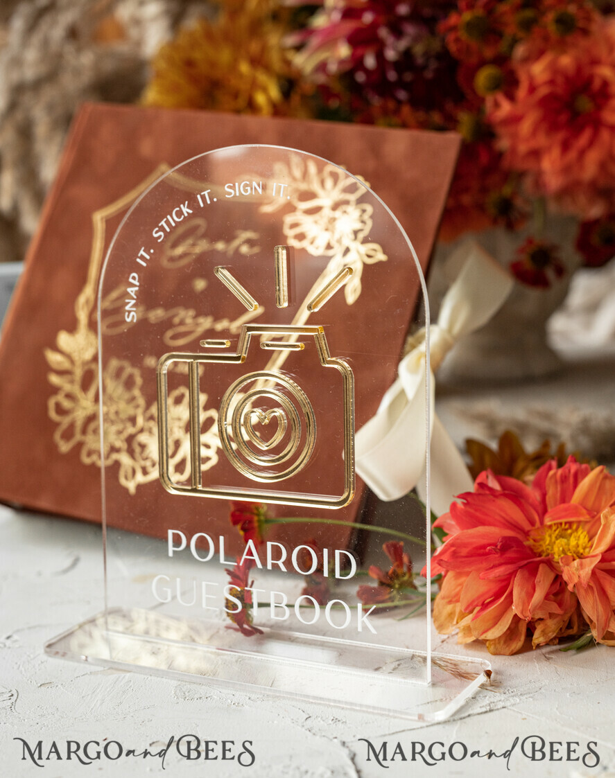 WEDDING GUEST BOOKS Velvet Instax Guestbook terracotta Gold Presonalised Wedding Guest Book and arch acrylic Instax Sign, Velvet Memory Photo Booh Book and Clear Sign Set Fall Wedding, Polaroid velvet Guest book & Plexi Instax Sign set