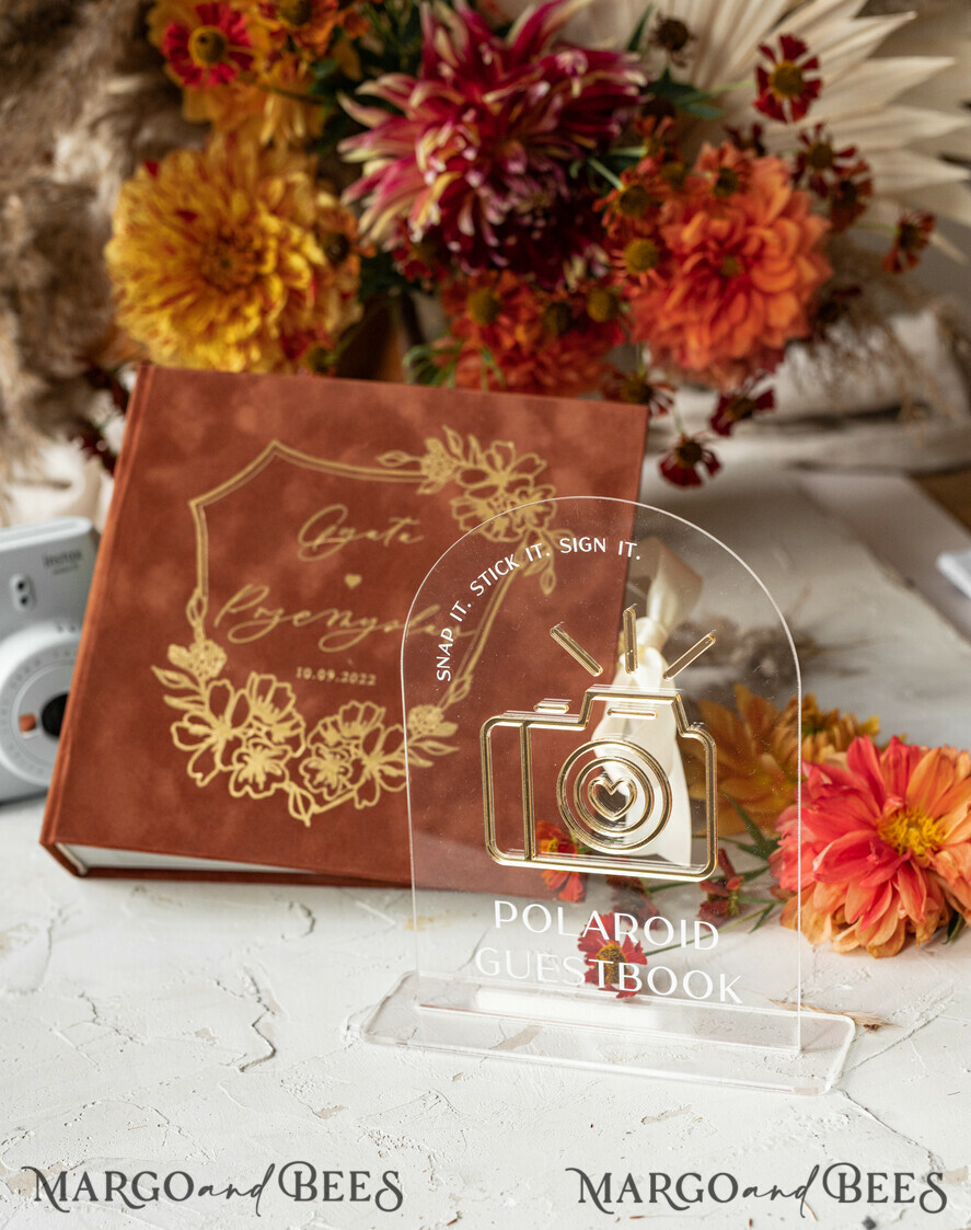 WEDDING GUEST BOOKS Velvet Instax Guestbook terracotta Gold Presonalised Wedding Guest Book and arch acrylic Instax Sign, Velvet Memory Photo Booh Book and Clear Sign Set Fall Wedding, Polaroid velvet Guest book & Plexi Instax Sign set
