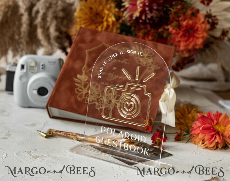 WEDDING GUEST BOOKS Velvet Instax Guestbook terracotta Gold Presonalised Wedding Guest Book and arch acrylic Instax Sign, Velvet Memory Photo Booh Book and Clear Sign Set Fall Wedding, Polaroid velvet Guest book & Plexi Instax Sign set