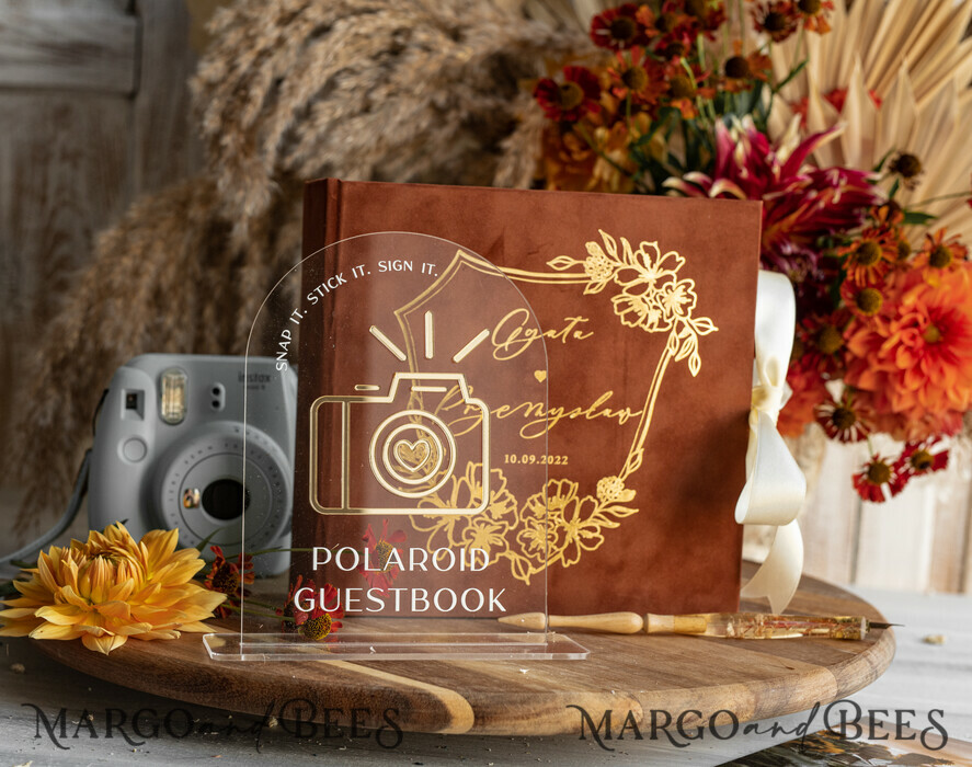 WEDDING GUEST BOOKS Velvet Instax Guestbook terracotta Gold Presonalised Wedding Guest Book and arch acrylic Instax Sign, Velvet Memory Photo Booh Book and Clear Sign Set Fall Wedding, Polaroid velvet Guest book & Plexi Instax Sign set