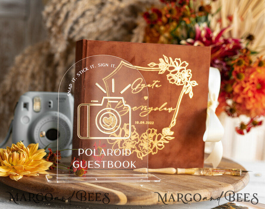 WEDDING GUEST BOOKS Velvet Instax Guestbook terracotta Gold Presonalised Wedding Guest Book and arch acrylic Instax Sign, Velvet Memory Photo Booh Book and Clear Sign Set Fall Wedding, Polaroid velvet Guest book & Plexi Instax Sign set