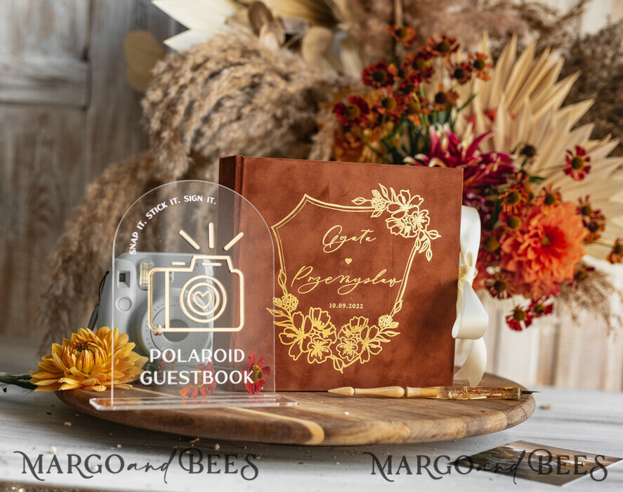 WEDDING GUEST BOOKS Velvet Instax Guestbook terracotta Gold Presonalised Wedding Guest Book and arch acrylic Instax Sign, Velvet Memory Photo Booh Book and Clear Sign Set Fall Wedding, Polaroid velvet Guest book & Plexi Instax Sign set
